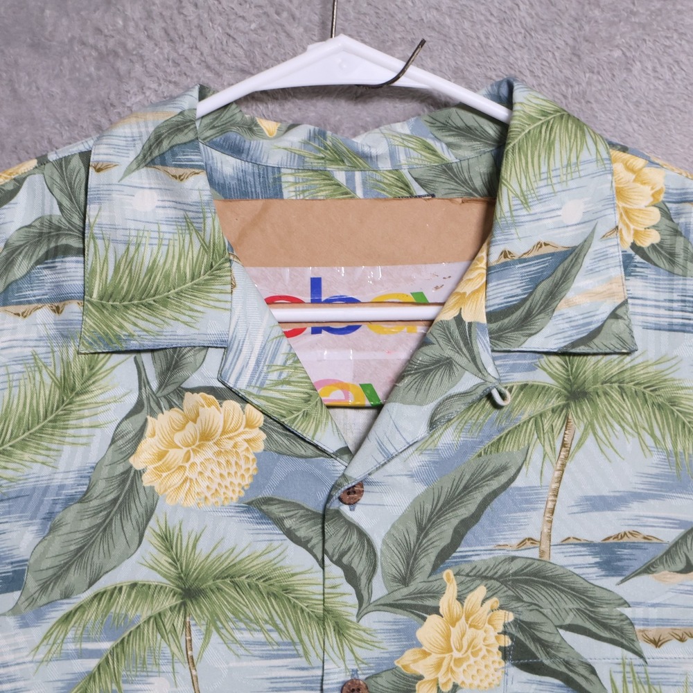 Tommy Bahama Shirt Mens Large Blue Green Silk Beach Floral Hawaiian Camp Casual